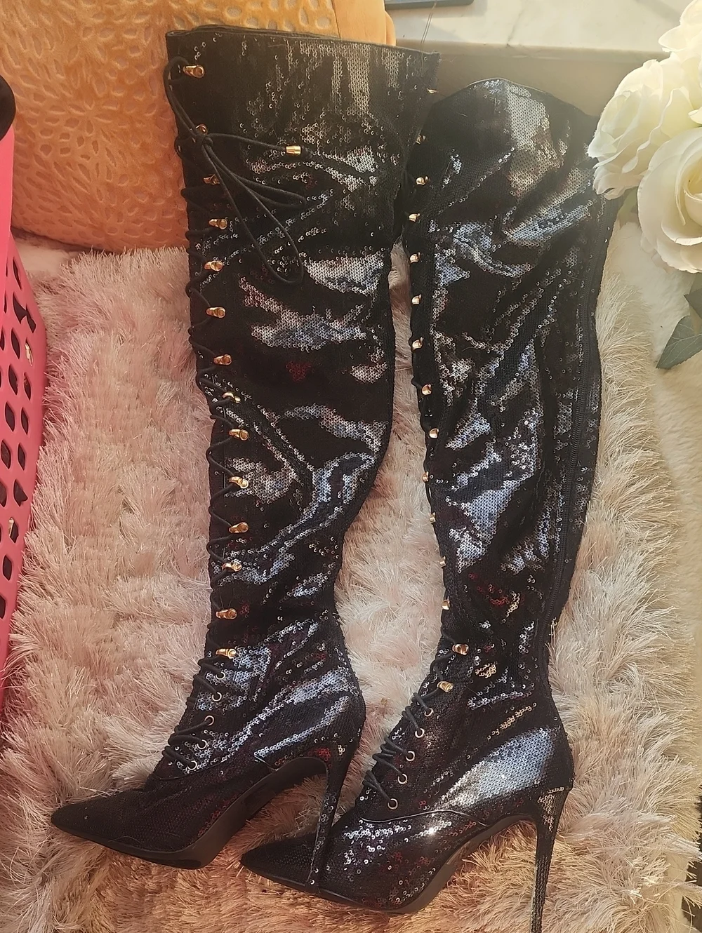 ♥️LIKE NEW Black Sequin Over-the-Knee Lace-Up Stiletto Boots!